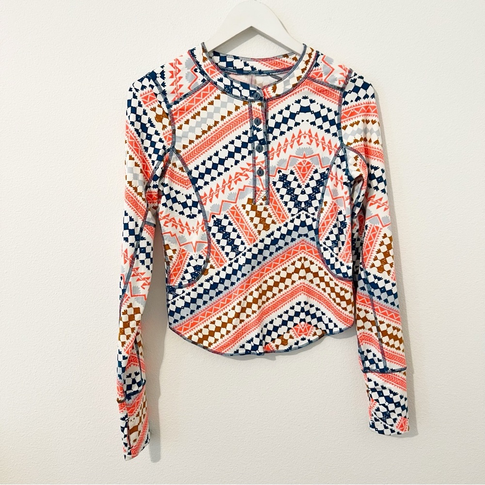 Free People Aztec Print Henley Long Sleeve Top Medium M
